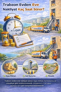 Trabzon evden eve nakliyat süresini gösteren, eşya miktarı, kat durumu ve mesafe faktörlerini anlatan görsel