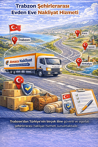 Trabzon’dan farklı şehirlere şehirlerarası evden eve nakliyat hizmetini temsil eden, uzun yolda ilerleyen nakliye aracı görseli